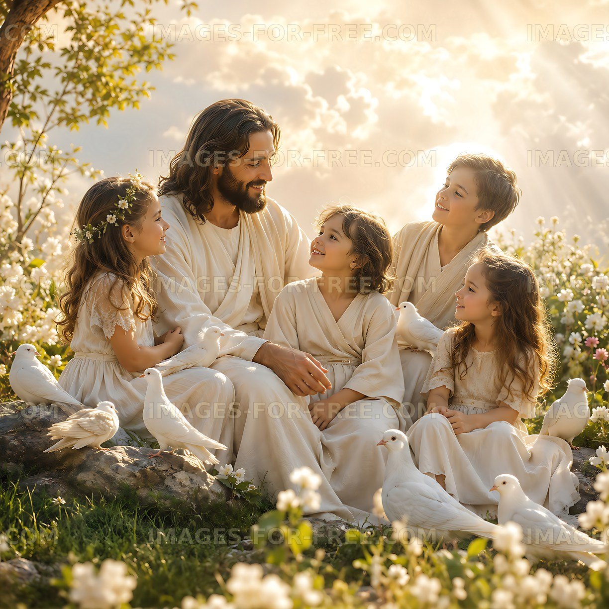 Children and man in white robes interact among flowers and doves