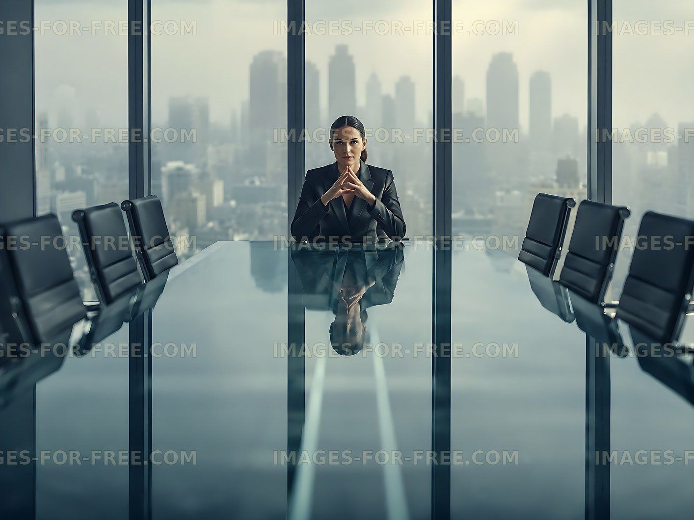 Businesswoman in meeting room with city skyline view