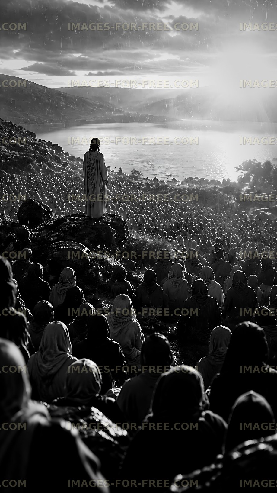 Crowd listening to a figure speaking near a lake