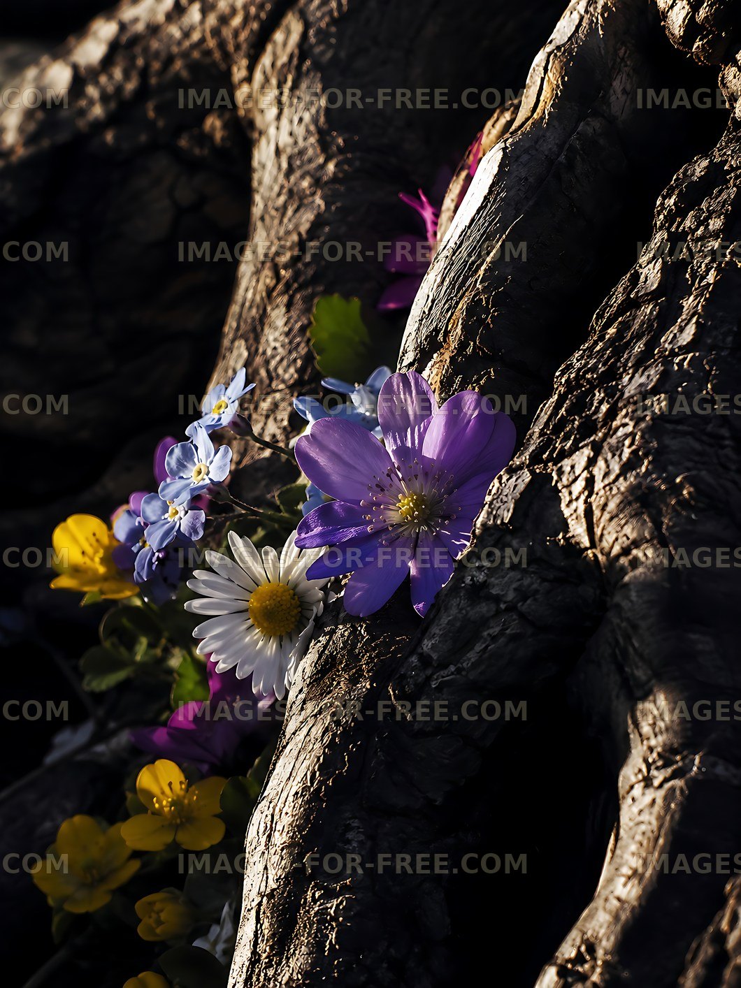 Flowers growing on tree roots in natural setting