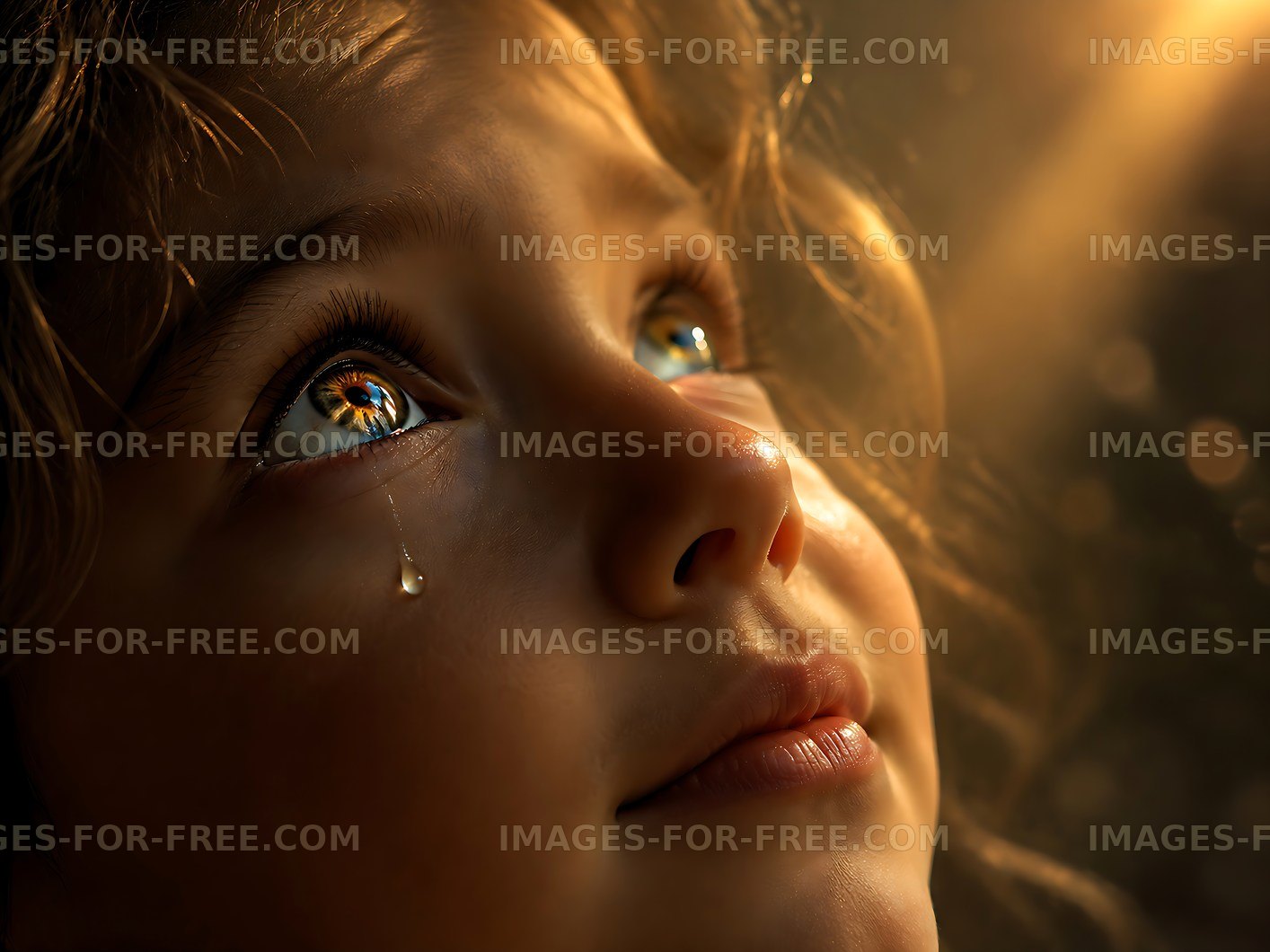 Child with tear looking upward