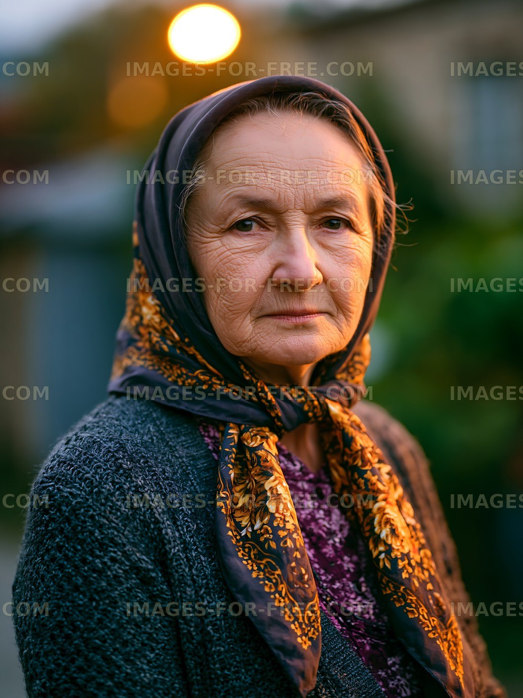 Elderly woman in a headscarf standing outdoors during twilight