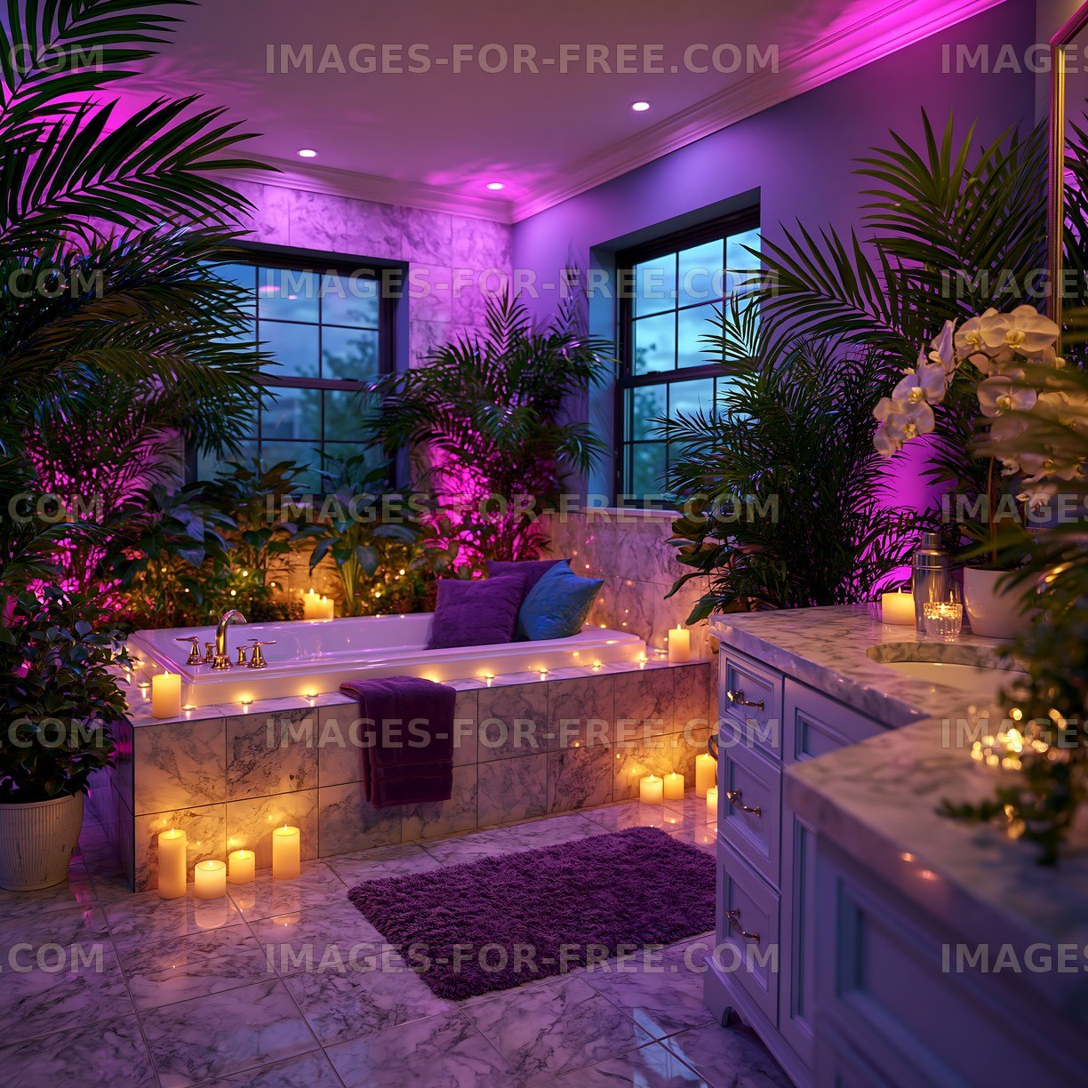 Modern bathroom with candles and plants at night