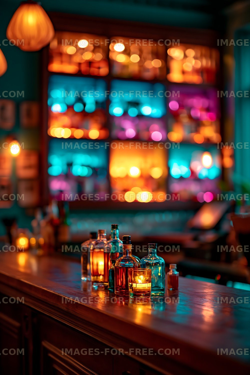Vibrant bar with colorful bottles on the countertop