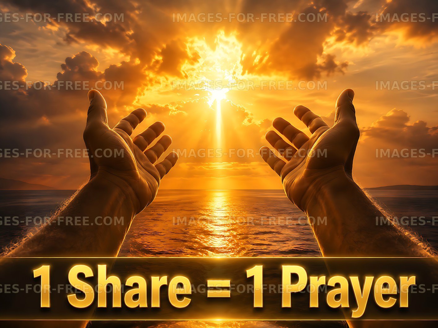 Hands reaching to the sky at sunset with a prayer message
