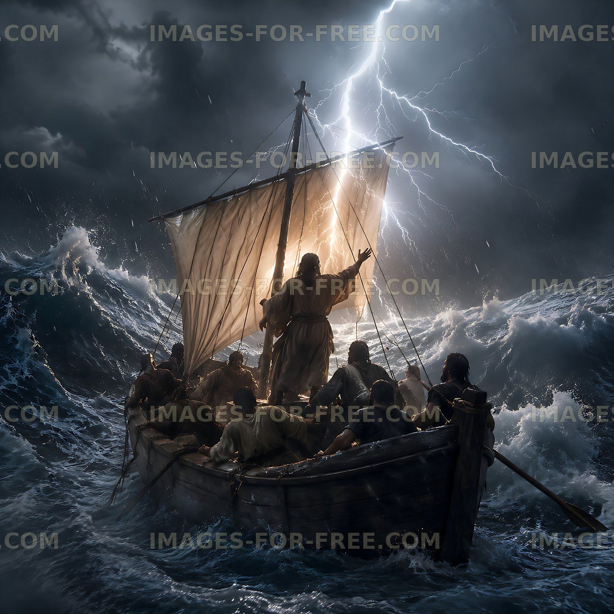 Stormy sea with sailors on a wooden boat navigating waves