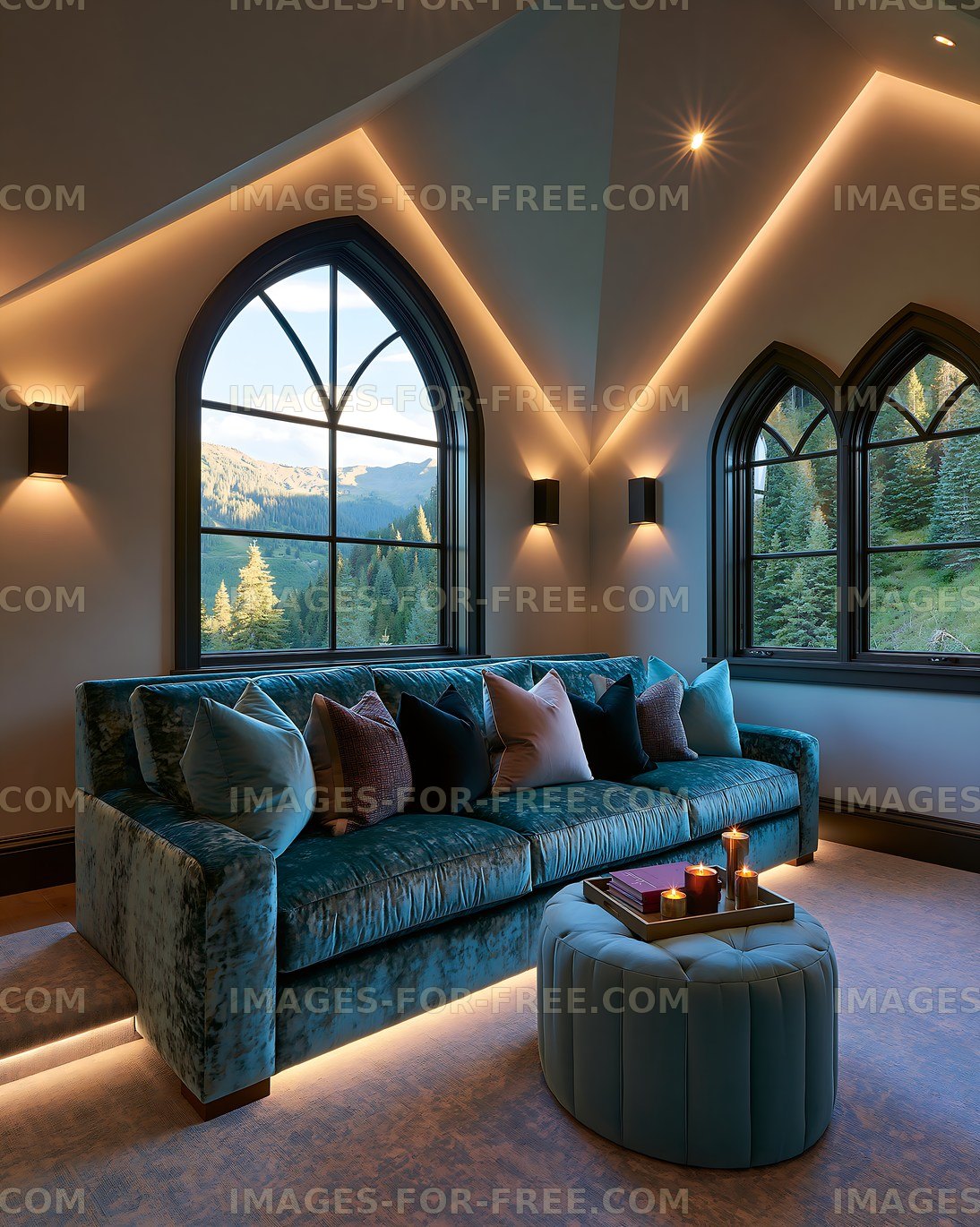 Cozy living room with view of mountains and trees