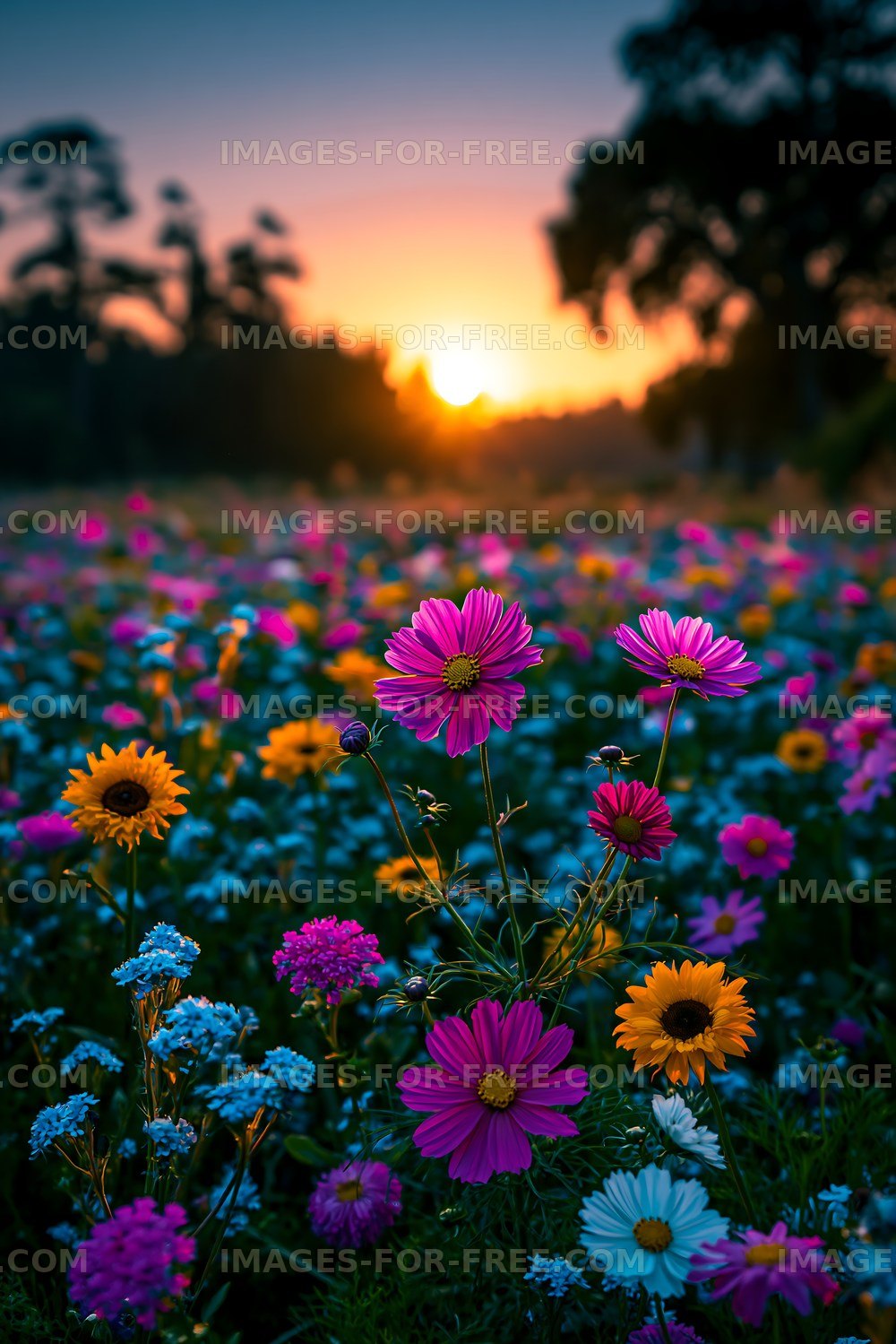 Colorful wildflowers bloom at sunset in a field