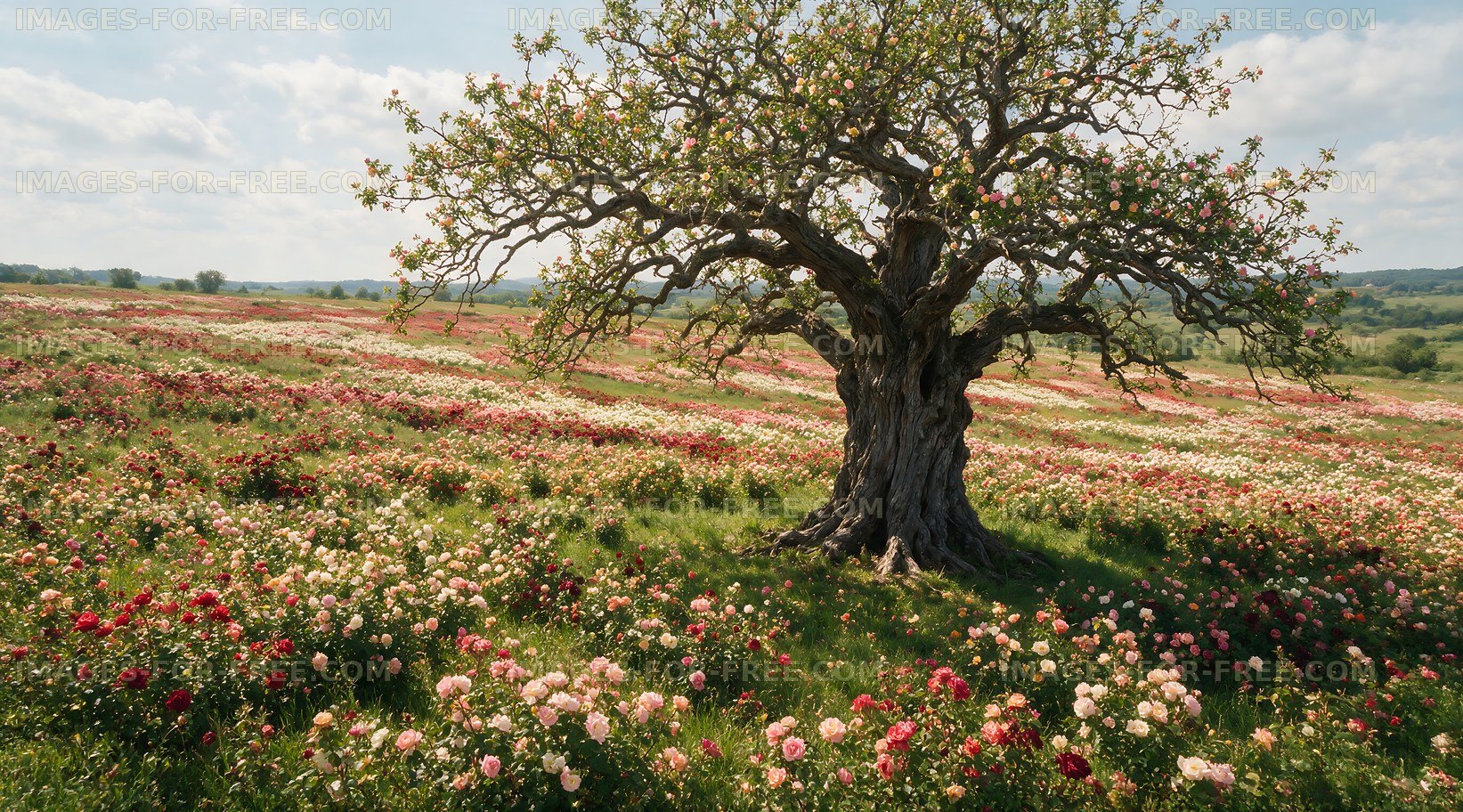 Blossoming landscape with tree and flower field in spring