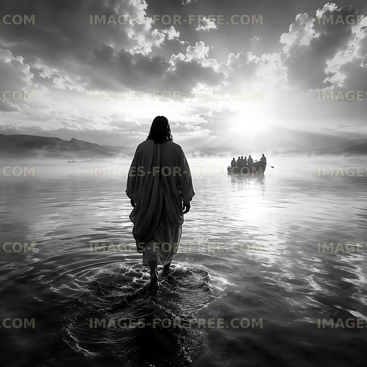 Walking on water at sunrise with a boat in the distance