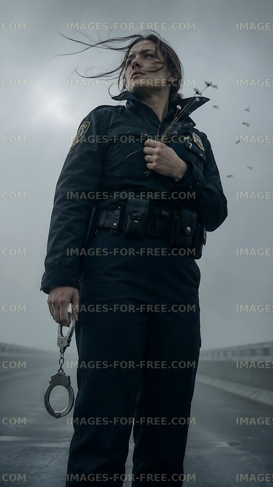 Police officer standing on a roadway holding handcuffs and flowers