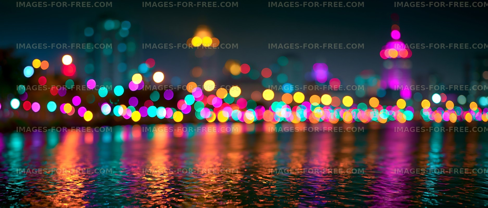 City skyline with lights reflected on water at night
