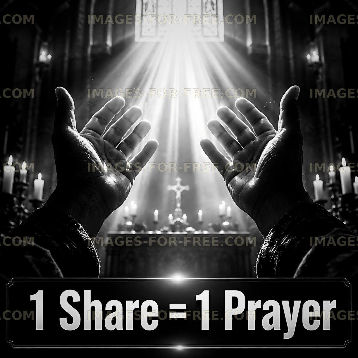 Hands raised in prayer with light streaming through church windows