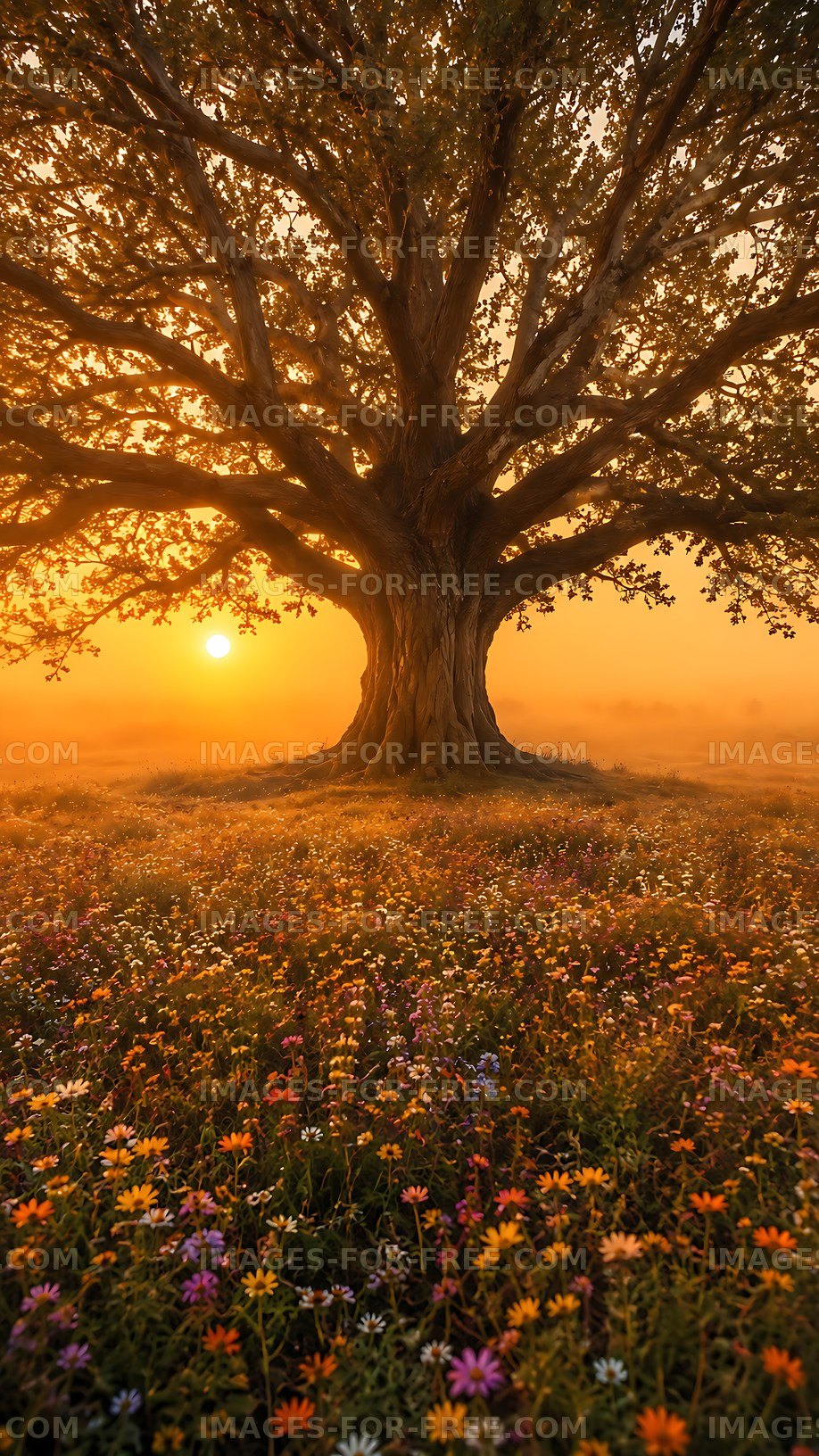 Sunrise behind a large tree in a field of flowers