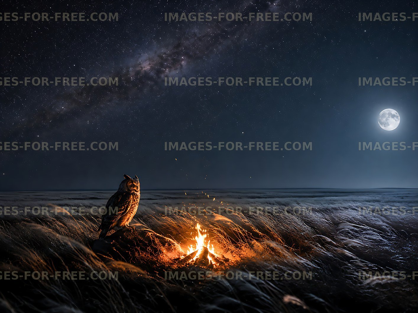 Owl sitting by fire under night sky with stars and moon