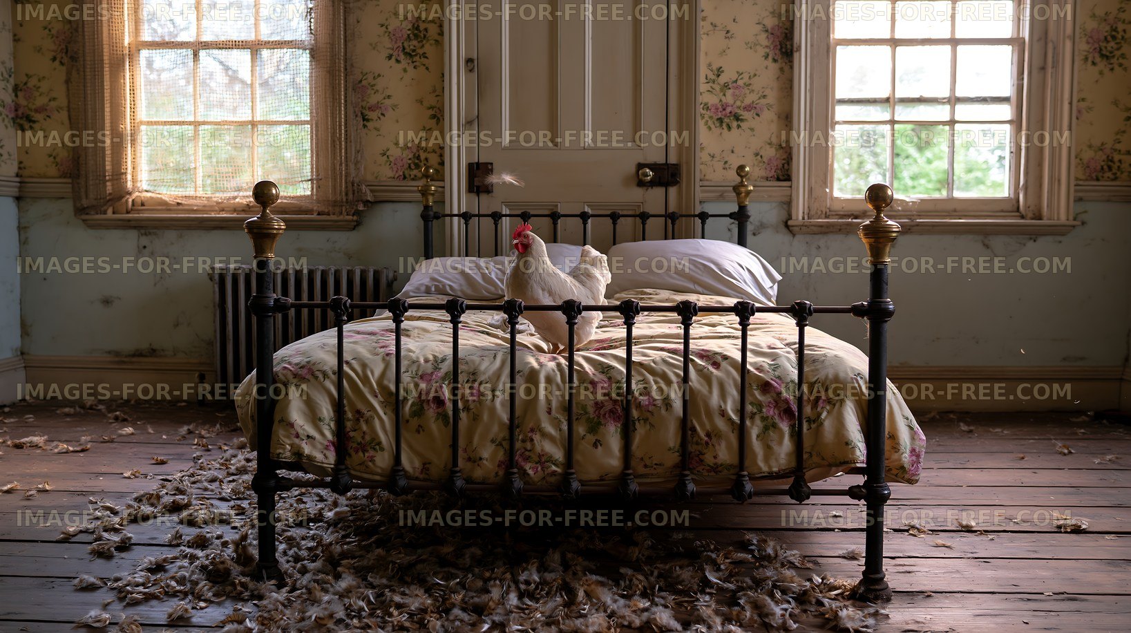 Bed with chicken and feathers in old, abandoned room