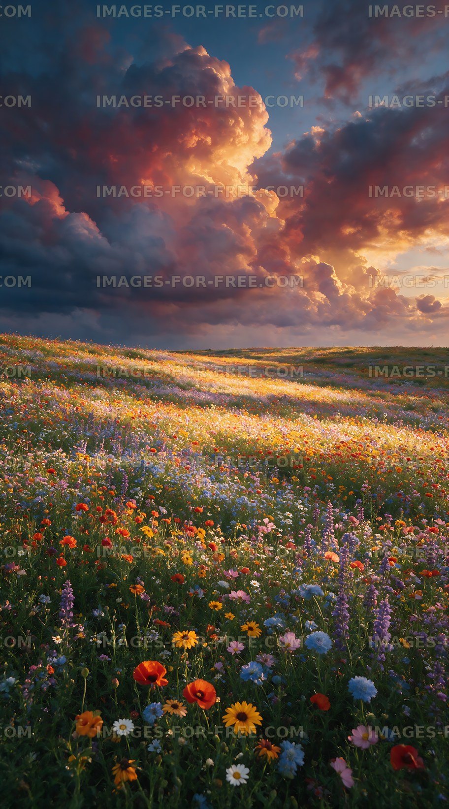 Colorful wildflower field under dramatic clouds at sunset