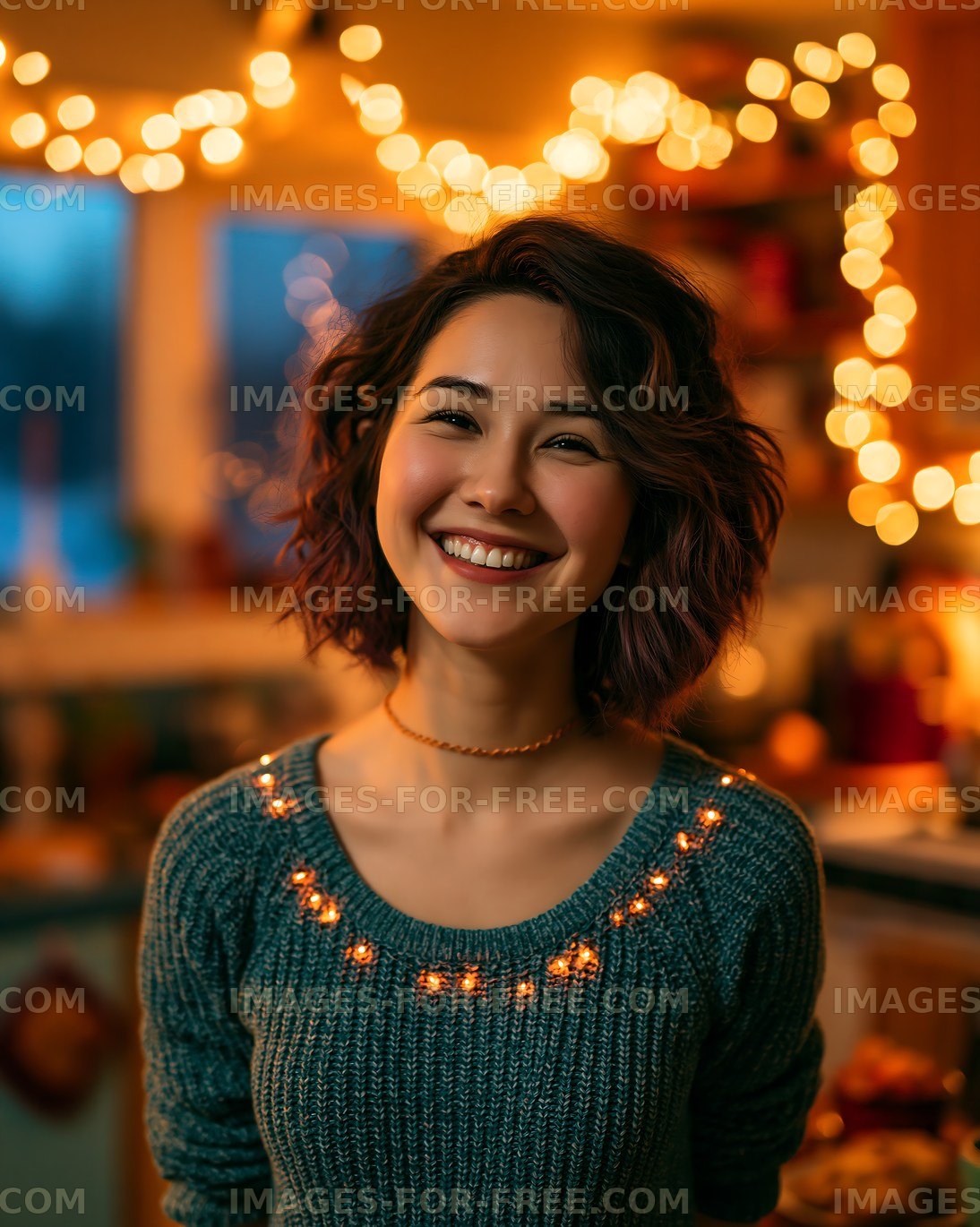 Woman smiling with fairy lights in cozy kitchen setting