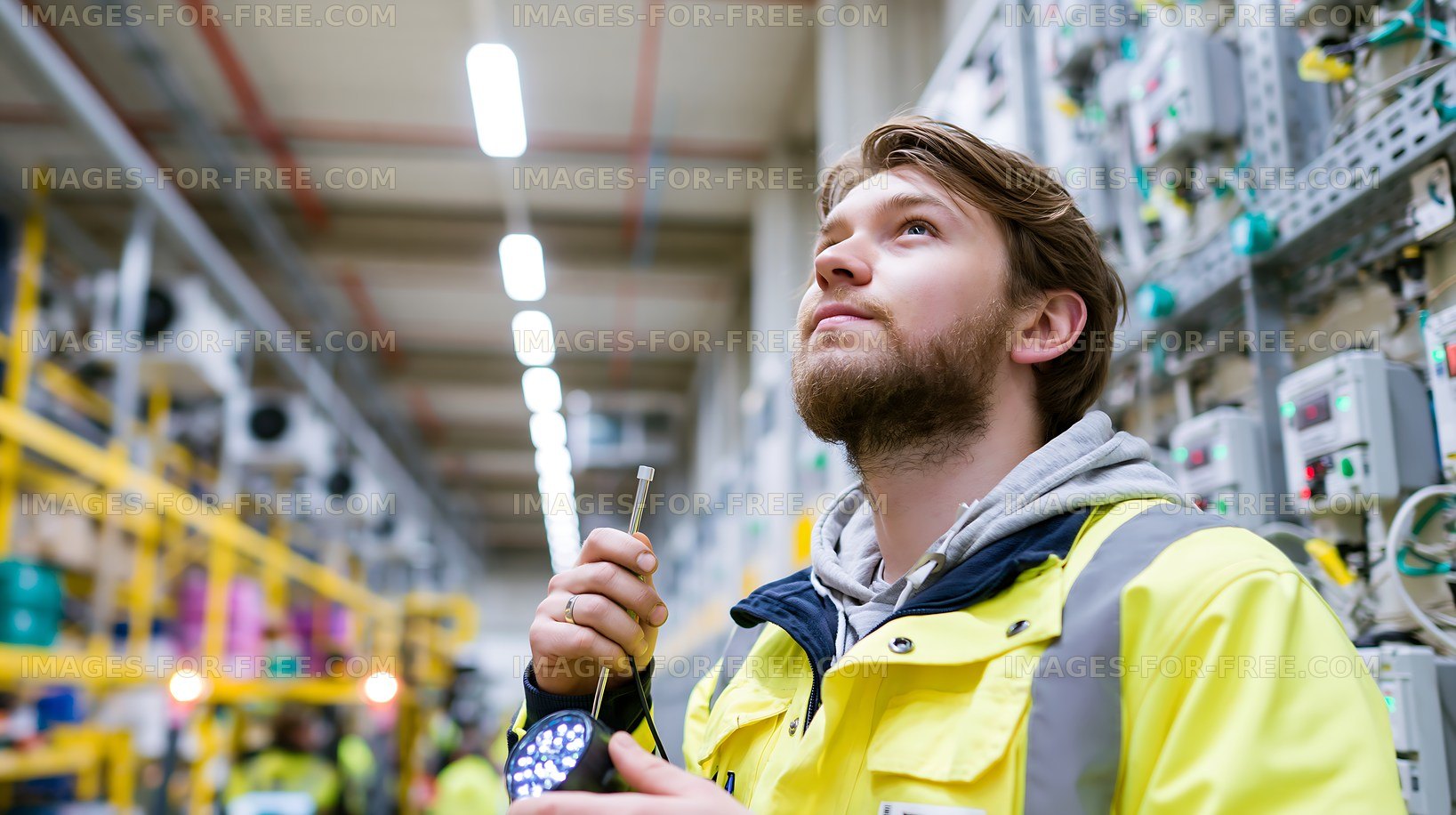 Worker in technical facility examines equipment