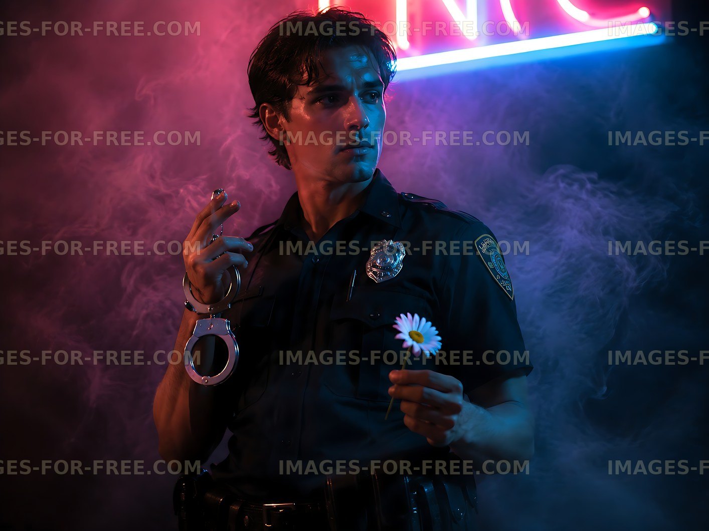 Officer holding a flower and handcuffs in neon light