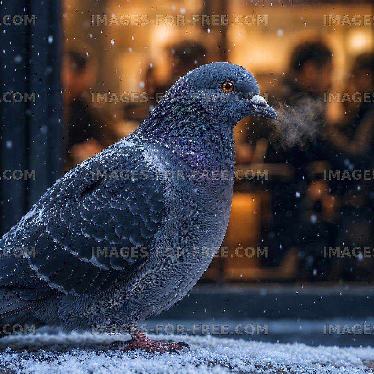 Pigeon in the snow with people blurred in the background