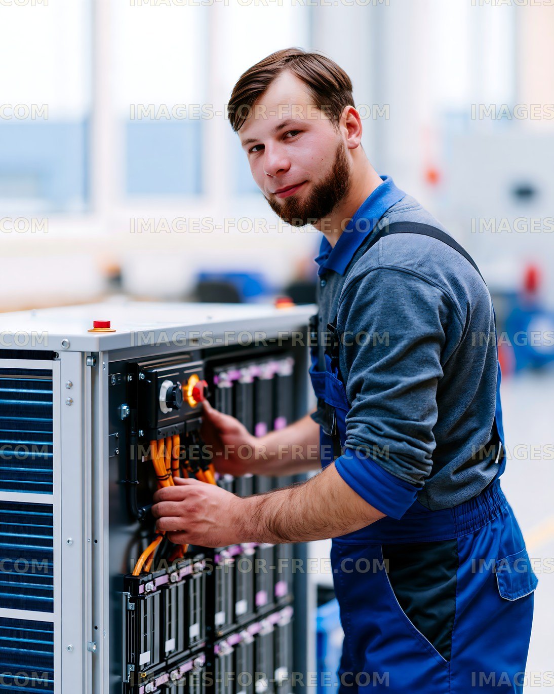 Man working on electrical control panel in industrial setting