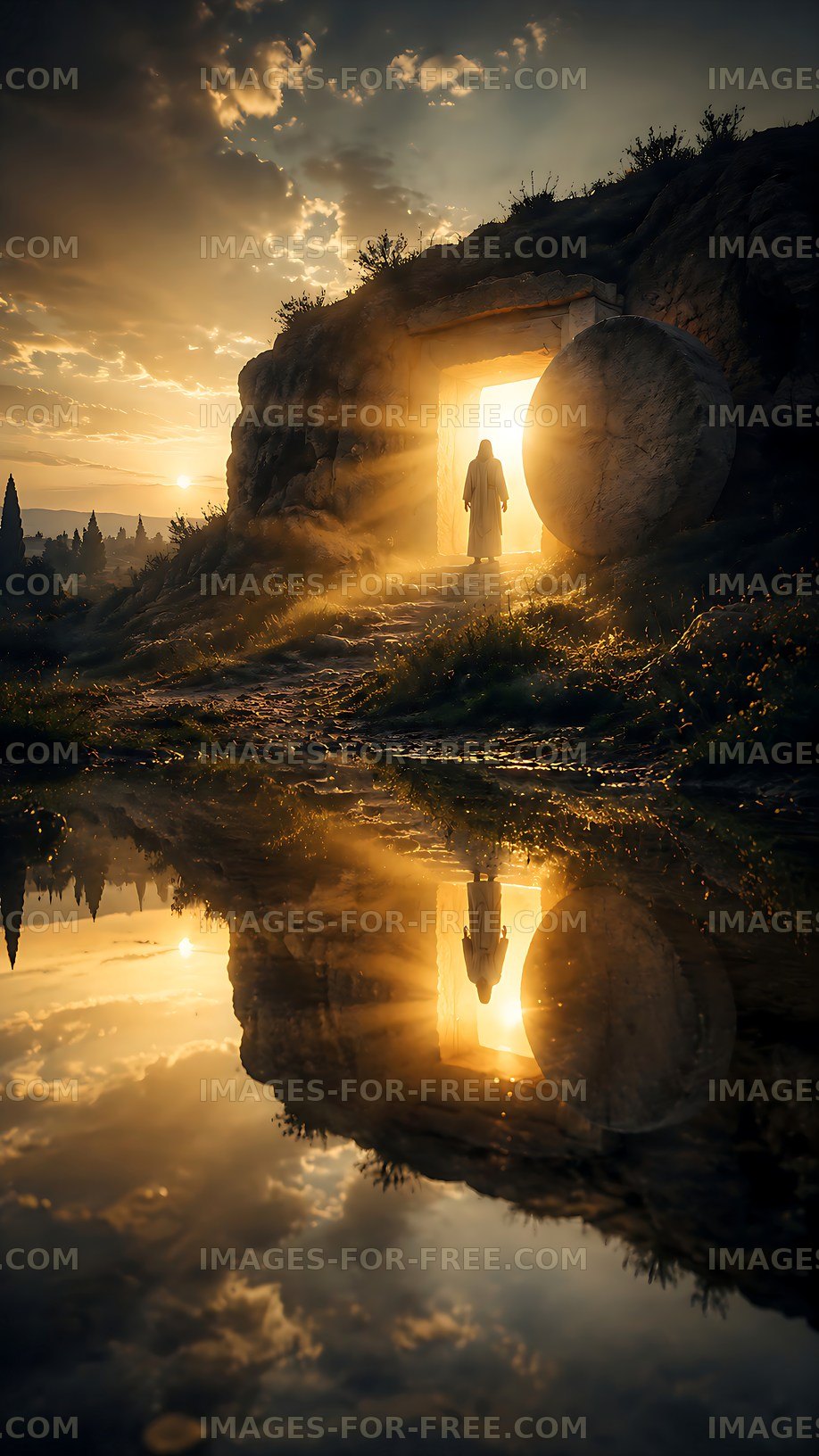 Figure standing at an open stone doorway during sunrise
