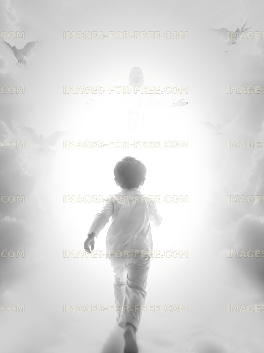 Child running towards light in a cloudy atmosphere