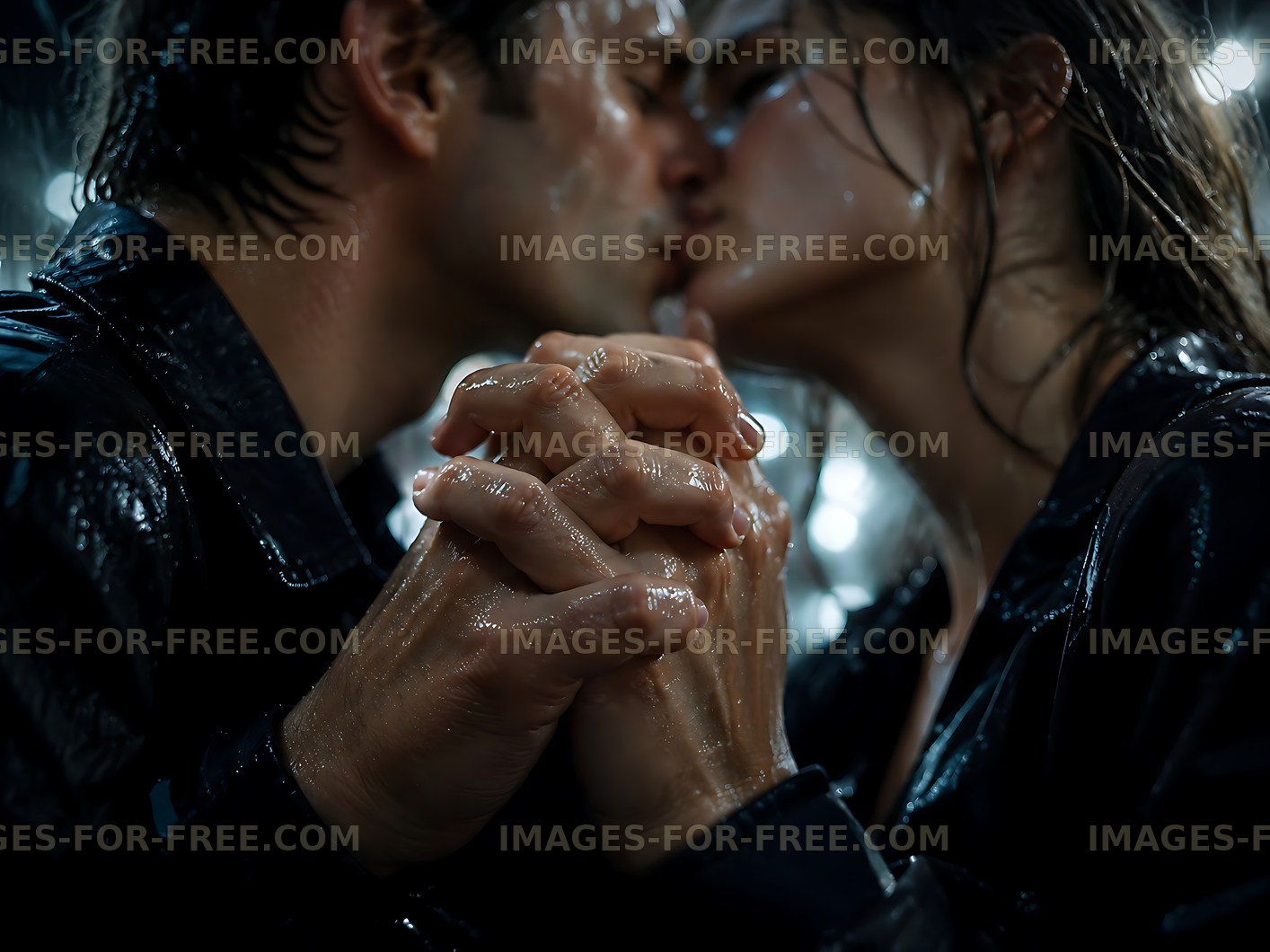 Couple kissing under rain with hands clasped tightly