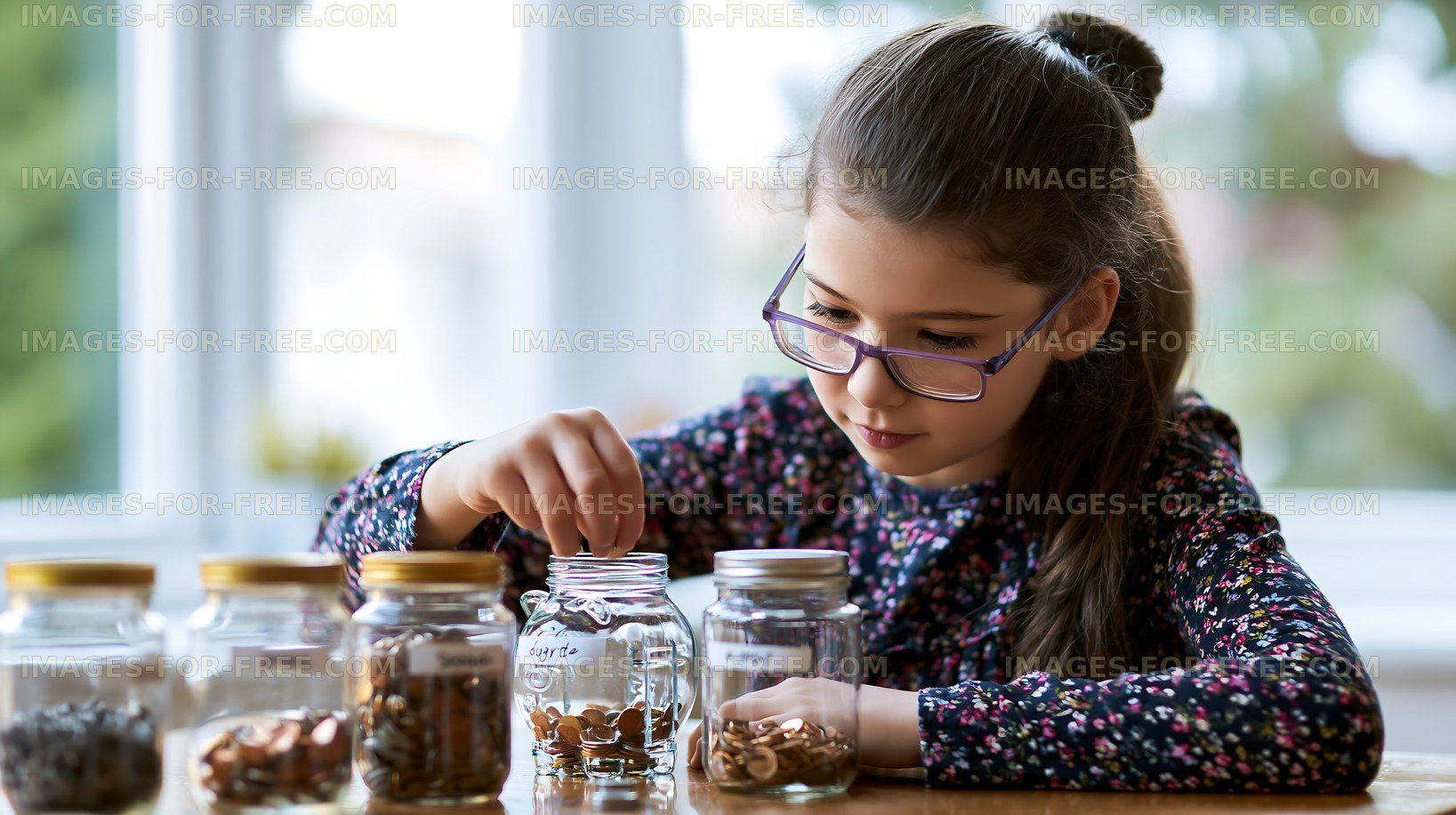 Girl sorting coins in glass jars at home on a sunny day