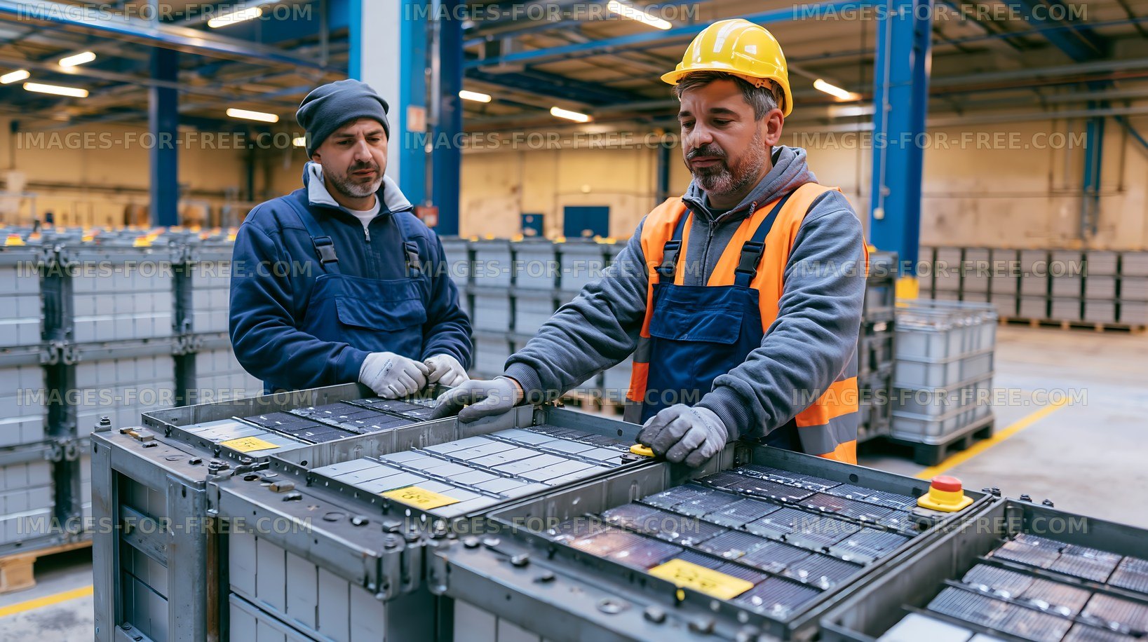Workers handling batteries in a factory setting