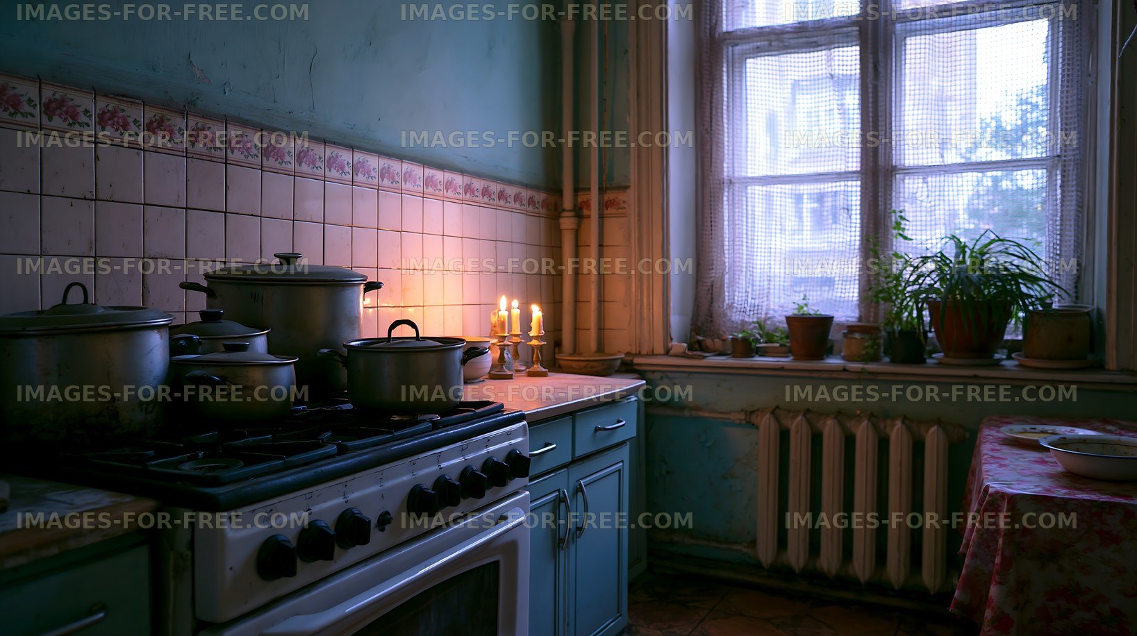 Quiet kitchen with pots at dusk