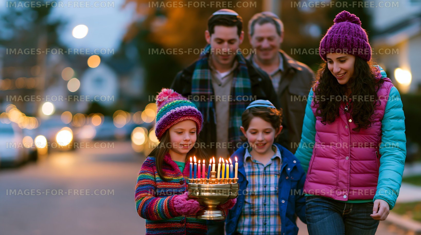 Family celebrating Hanukkah outdoors at dusk
