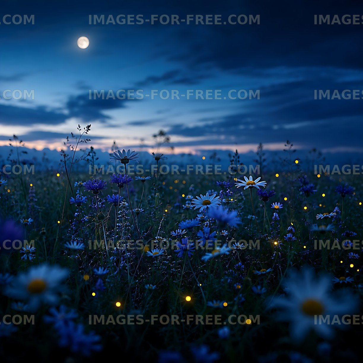 Night scene with flowers and fireflies in a meadow