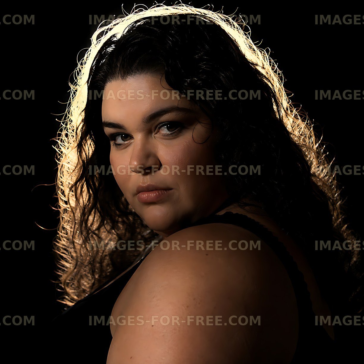 Portrait of a woman with curly hair against a dark background