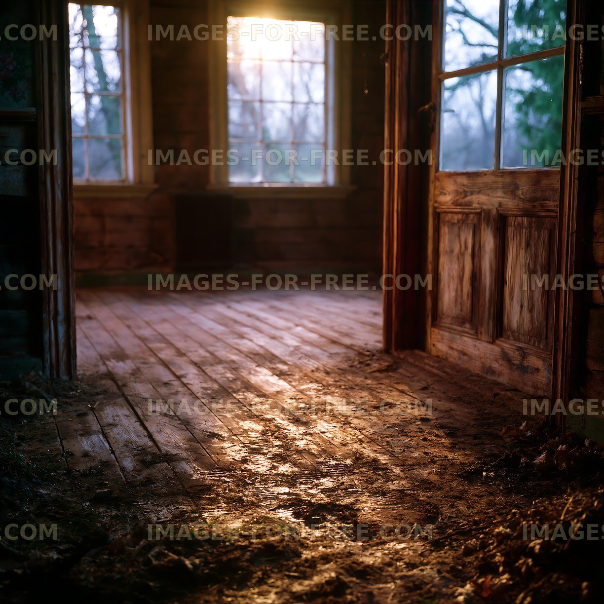 Light shines through an open door in an abandoned room