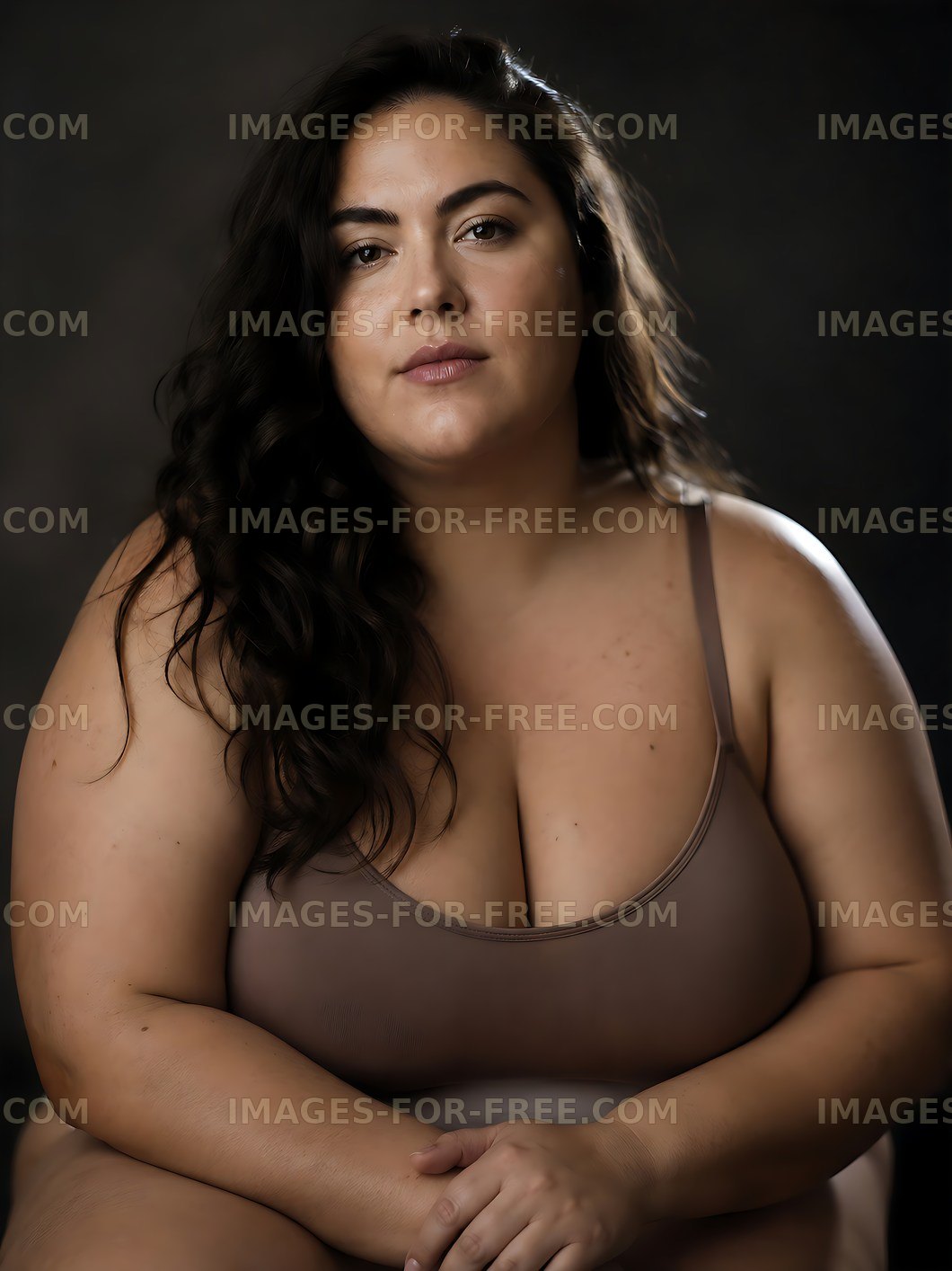 Portrait of a woman with long hair sitting against a dark background