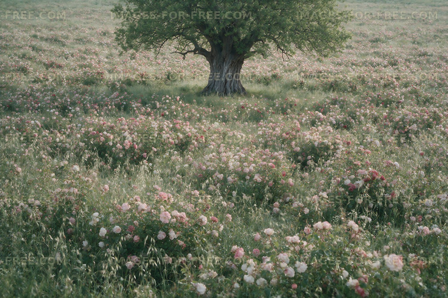 Field of roses with a single tree in the center