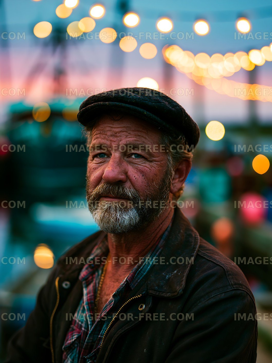 Man with beard and cap at outdoor festival during sunset