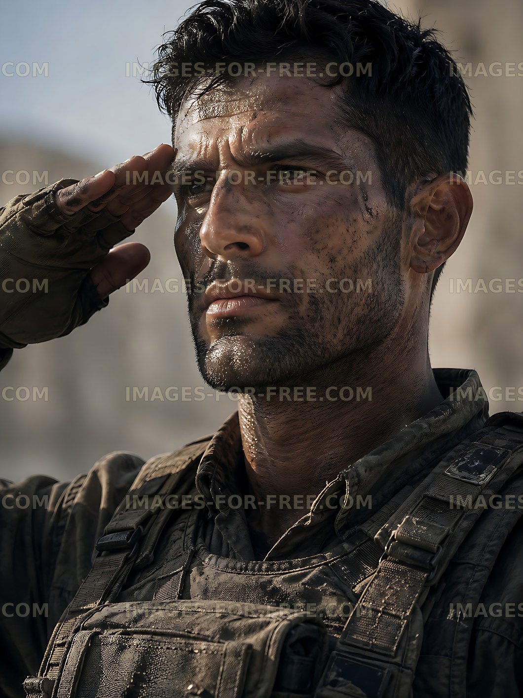 Soldier saluting in military uniform with a serious expression