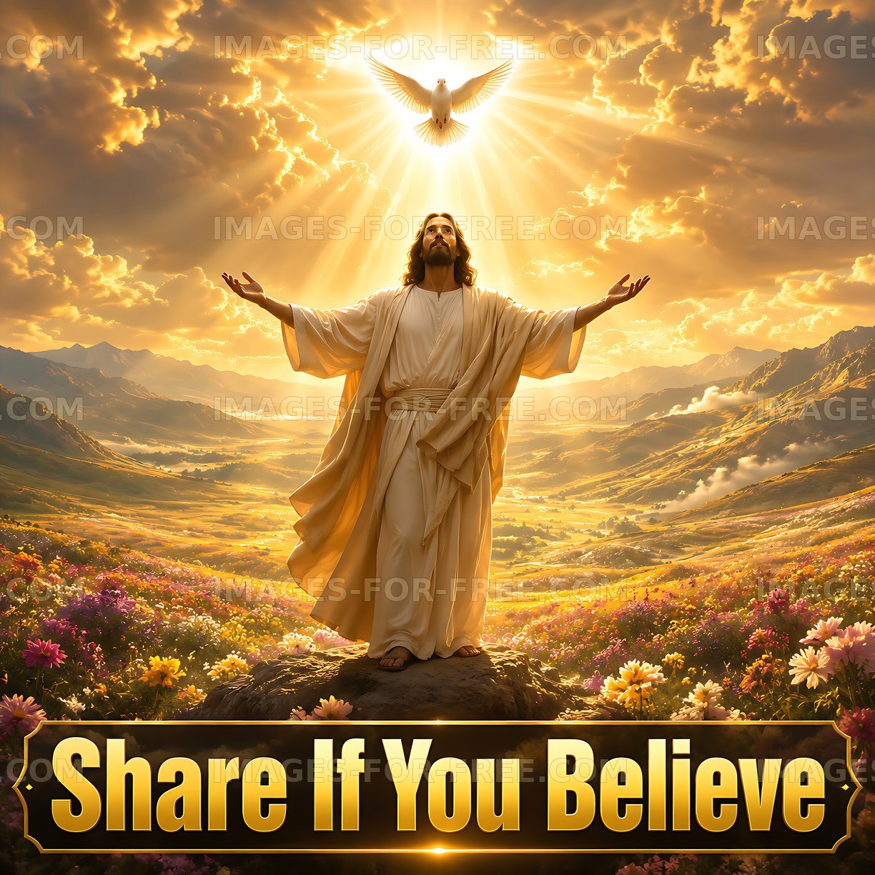 Jesus with open arms in mountainous landscape at sunset