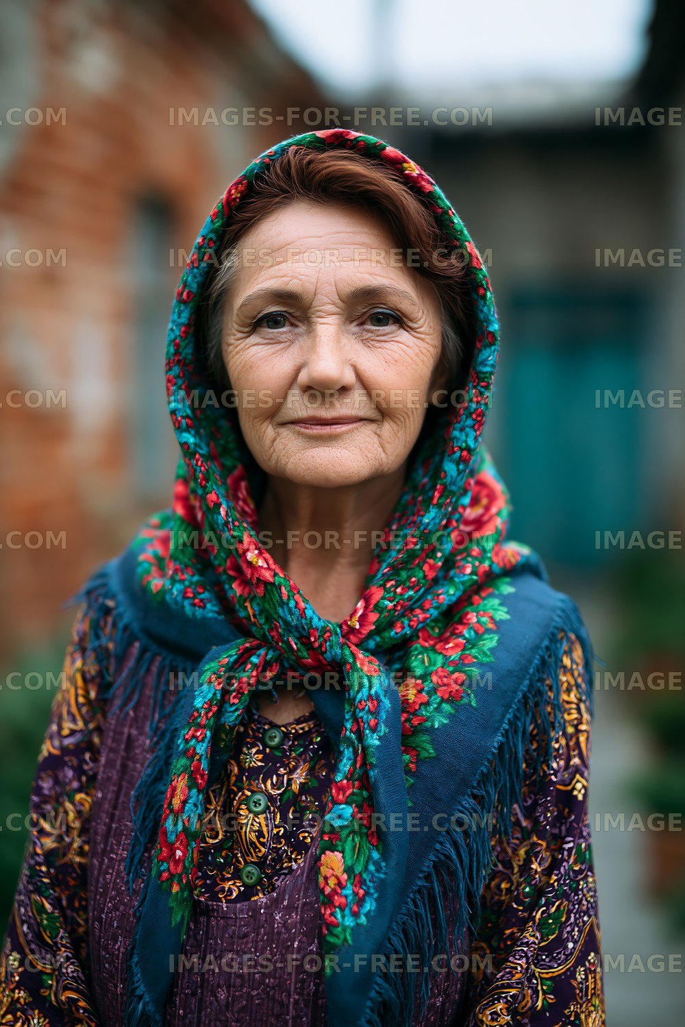 Elderly woman wearing a colorful headscarf in an outdoor setting