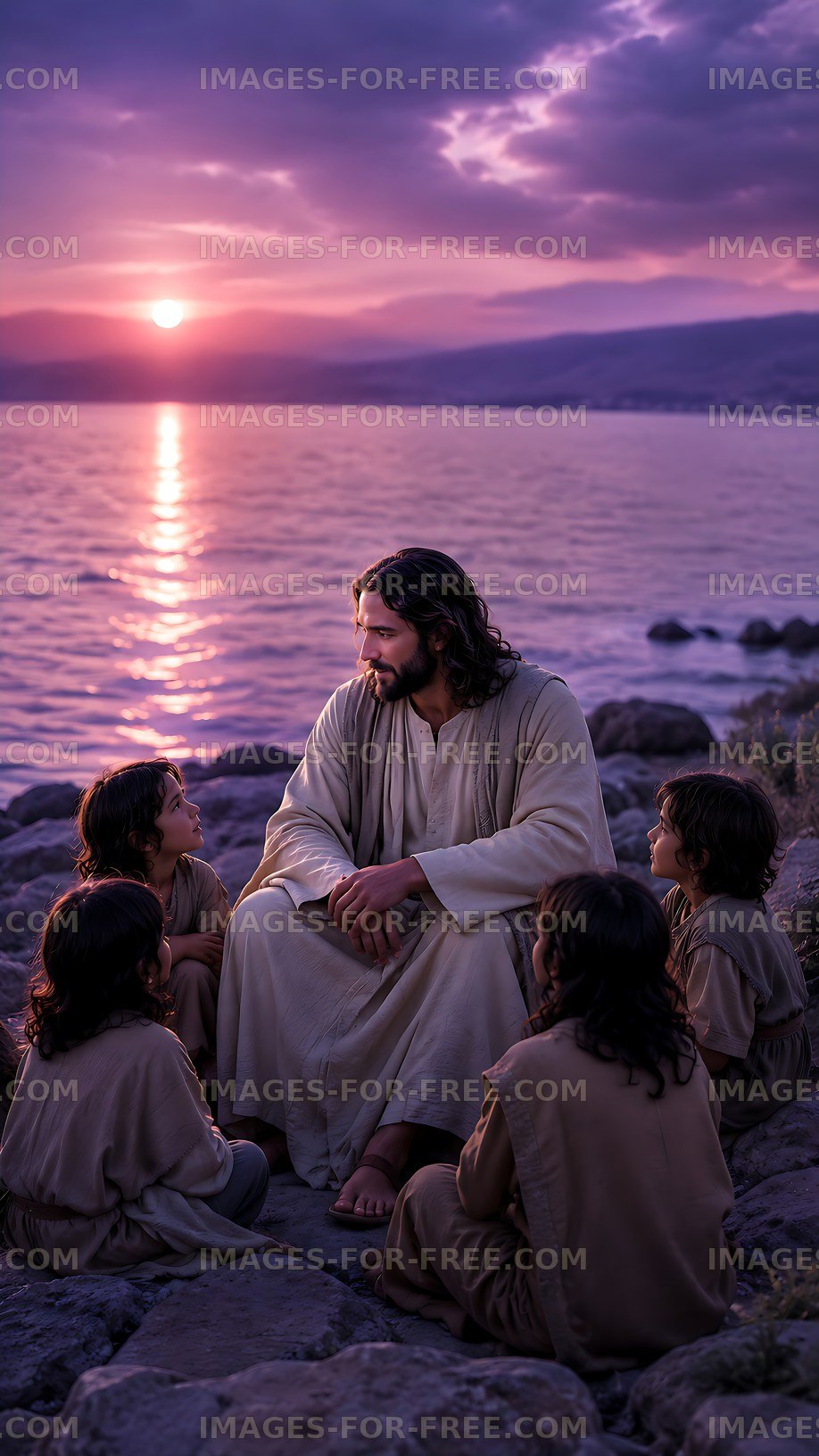 Jesus teaching children by the lakeside at sunset