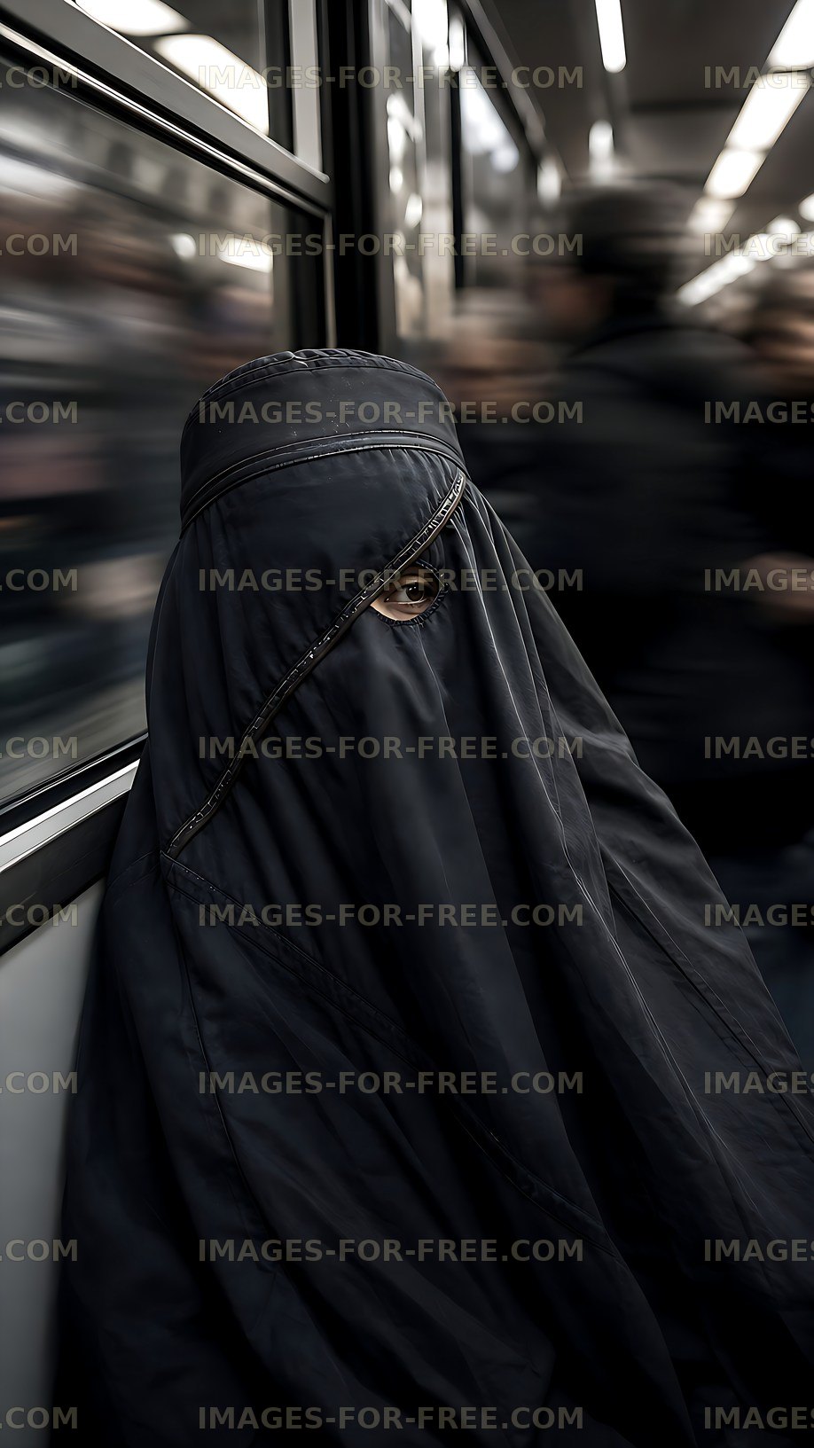 Person wearing black attire sits alone in subway train