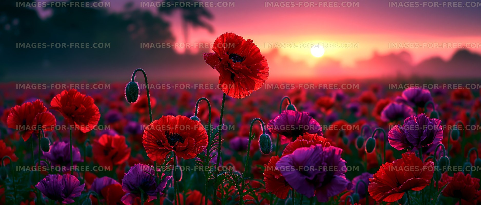 Vibrant poppy field at sunset with purple flowers