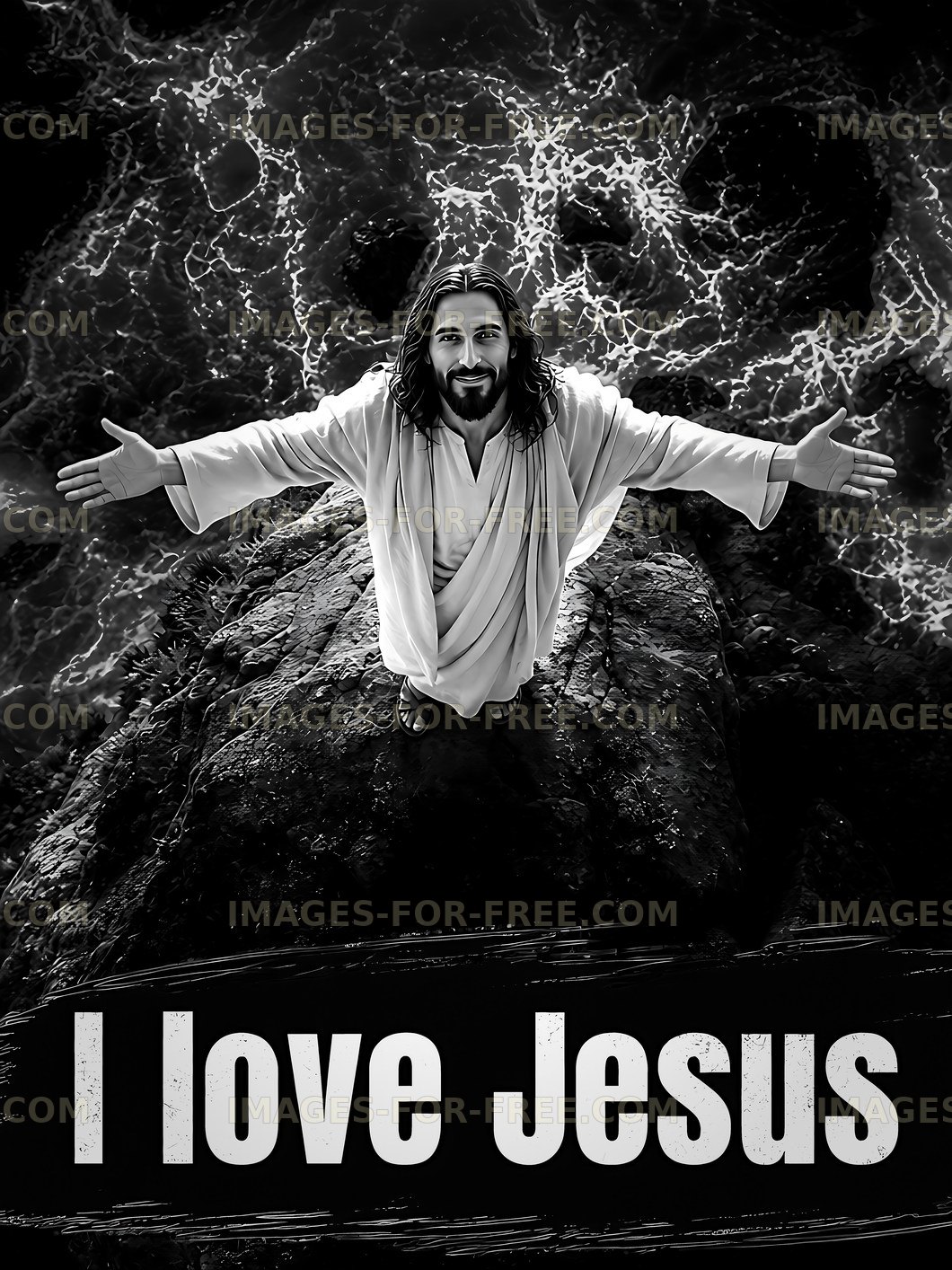 Jesus with open arms standing on a rock