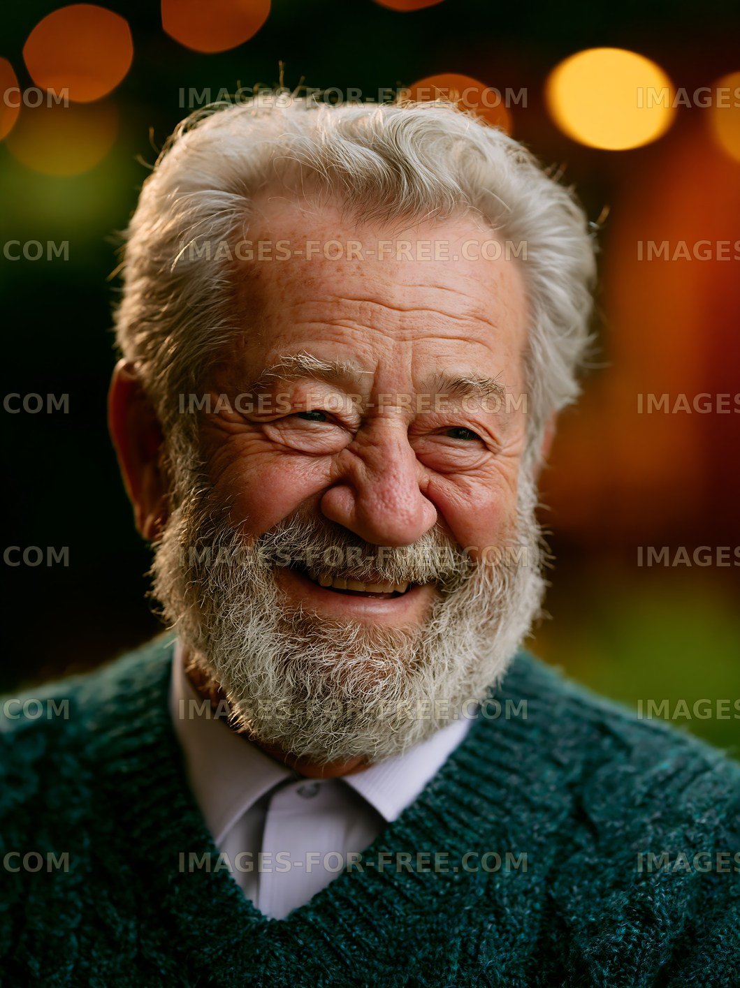 Smiling elderly man with white beard and green sweater
