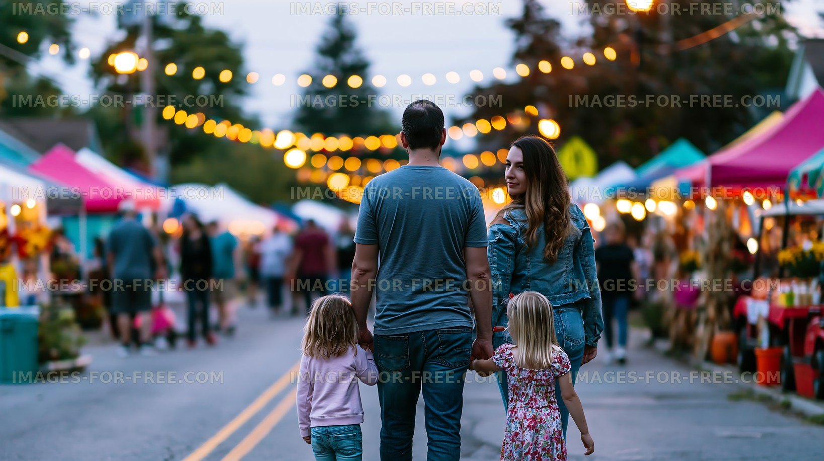 Family strolls through an evening market with stalls and lights