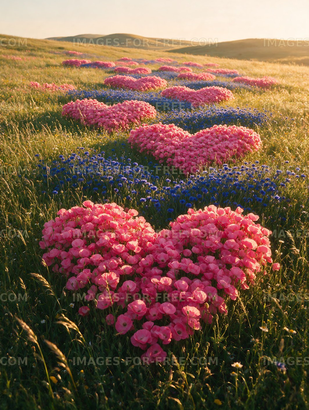 Flower hearts in a green field during sunset