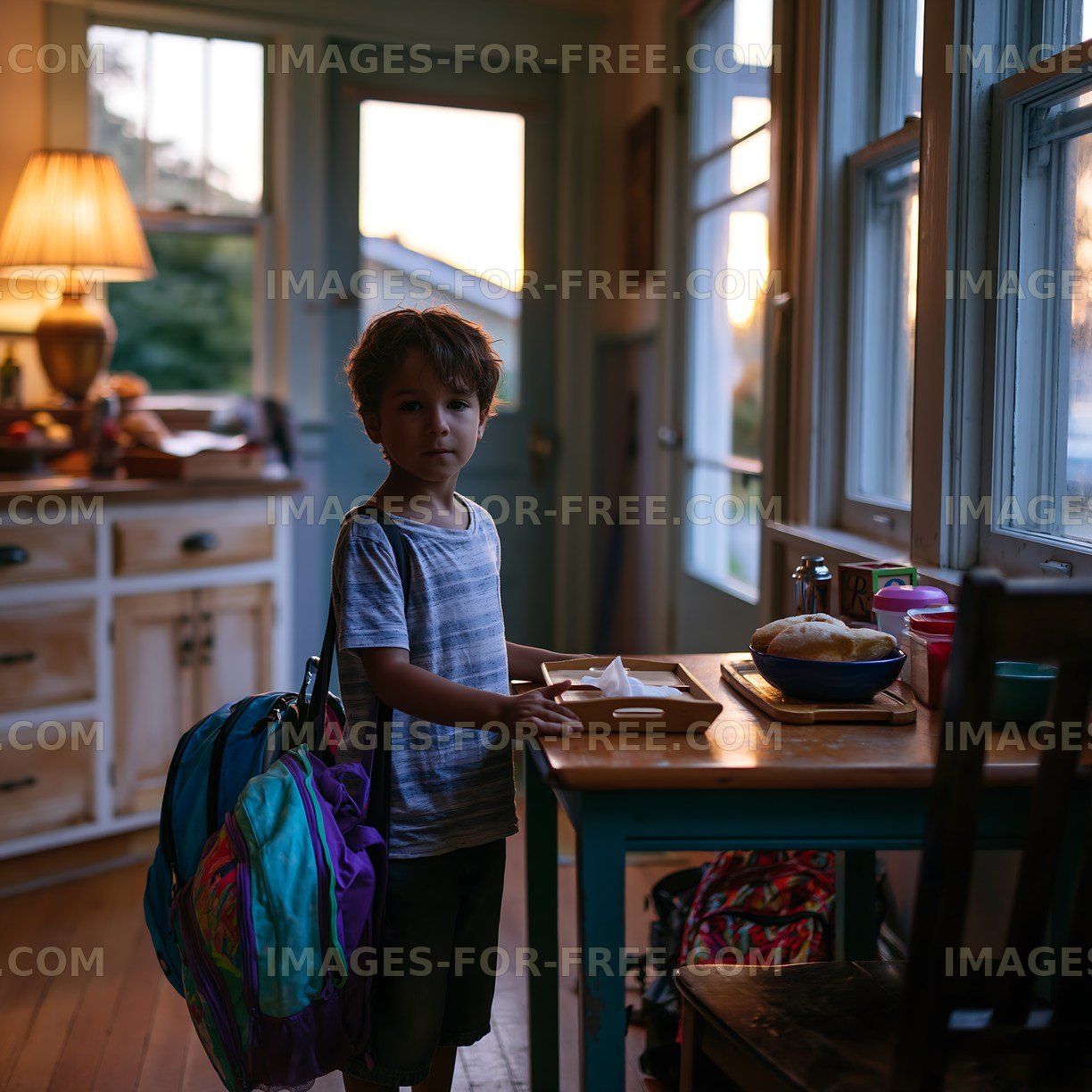 Child with backpack standing by kitchen table at sunset